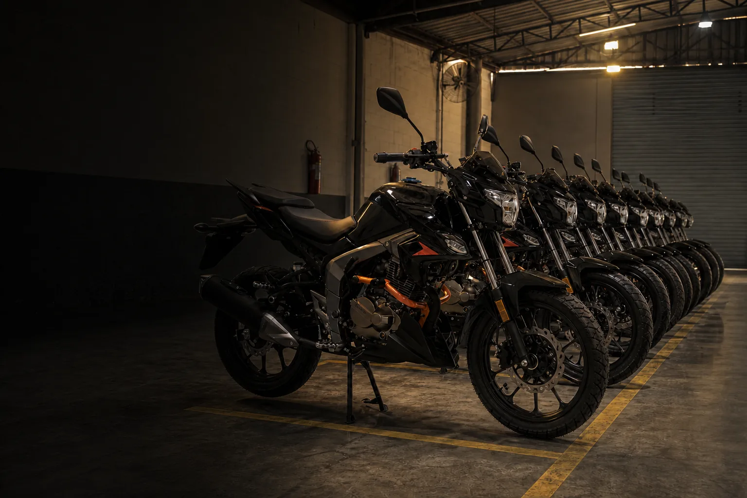 Frota de motos Virtoo alinhada no pátio de um galpão sob iluminação de operação