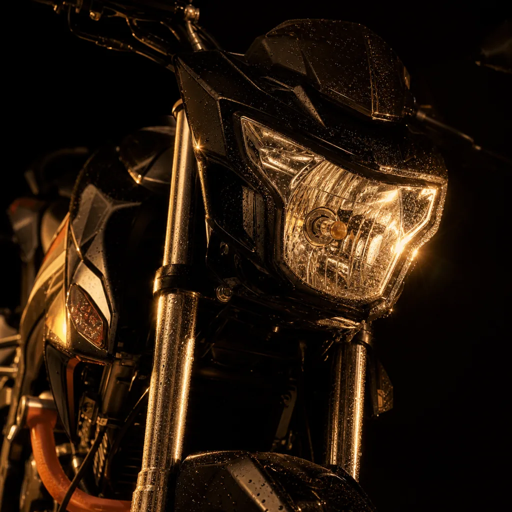 Detalhe do farol de uma moto da frota Virtoo