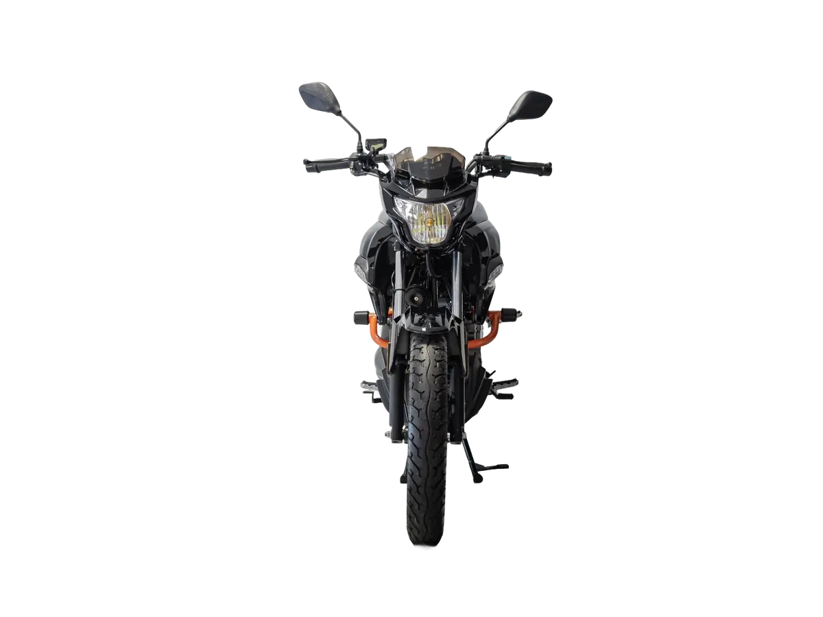 Moto da frota Virtoo vista de perfil pelo lado esquerdo